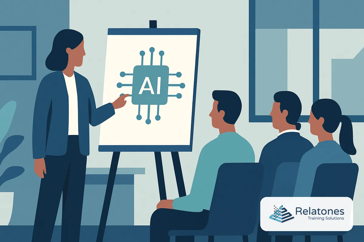 A US technology employee at a laptop reviewing an AI governance policy document in a modern office setting