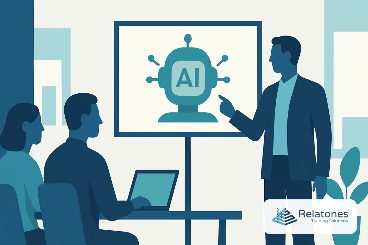 Employees working together at a conference table with AI tool interfaces visible on a laptop screen