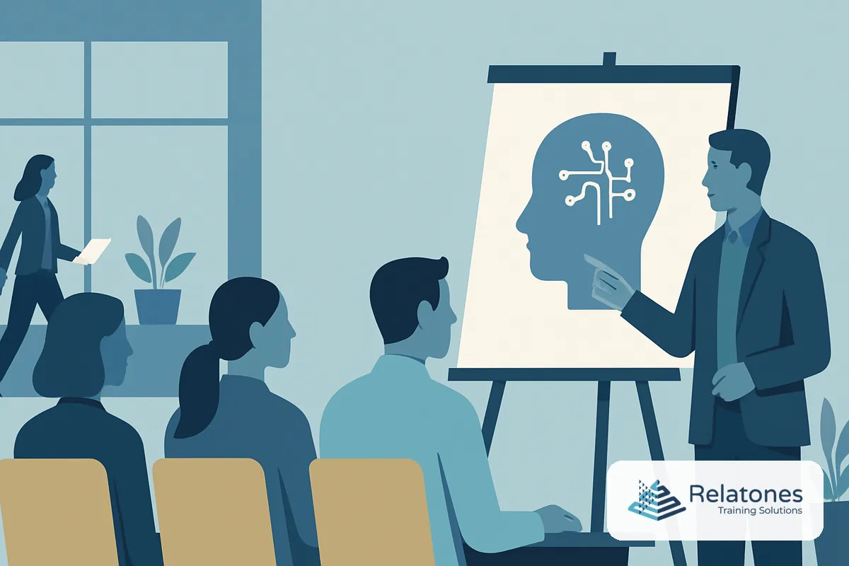 A diverse group of employees working together around a laptop, learning to apply AI tools in their daily workflow
