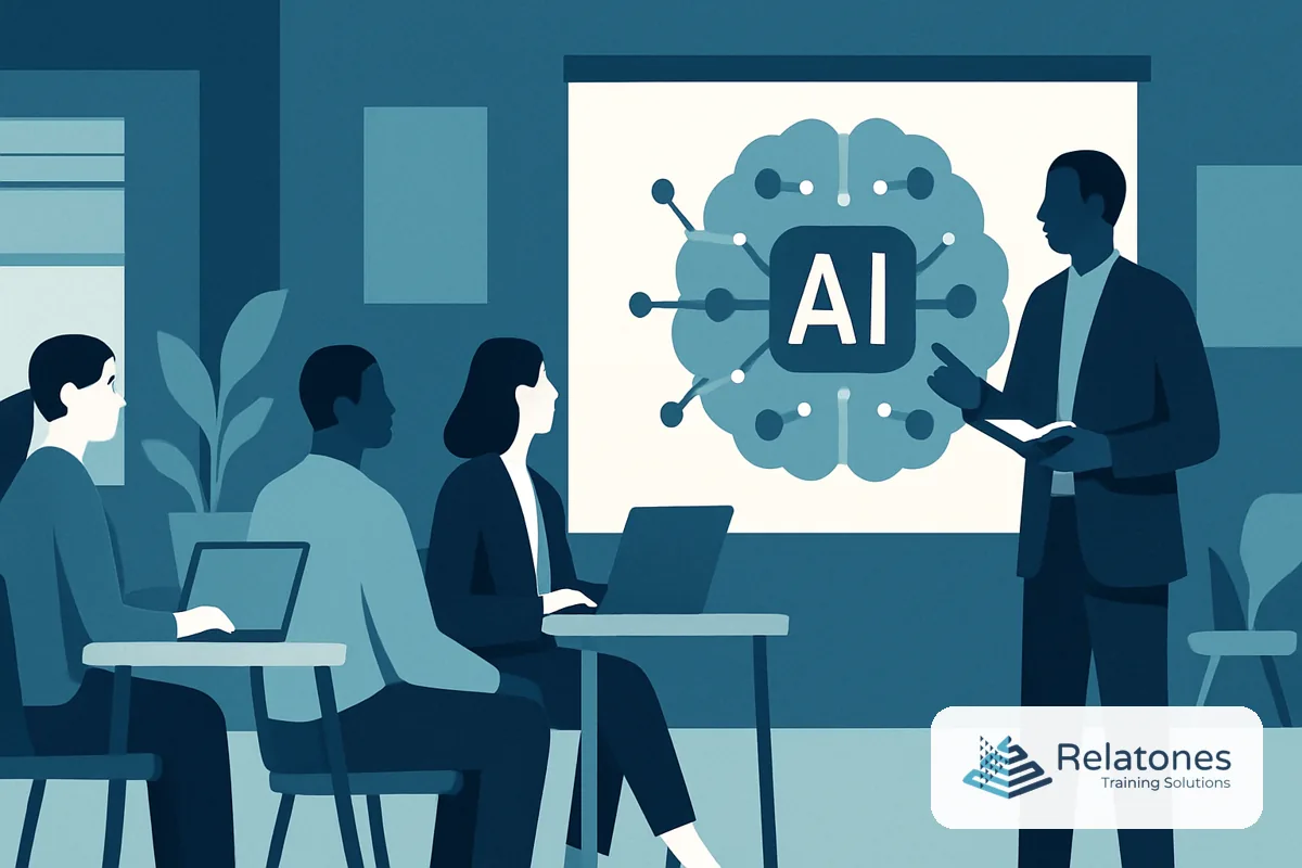A diverse team of US SMB employees gathered around a laptop, learning to use AI tools together in an office setting