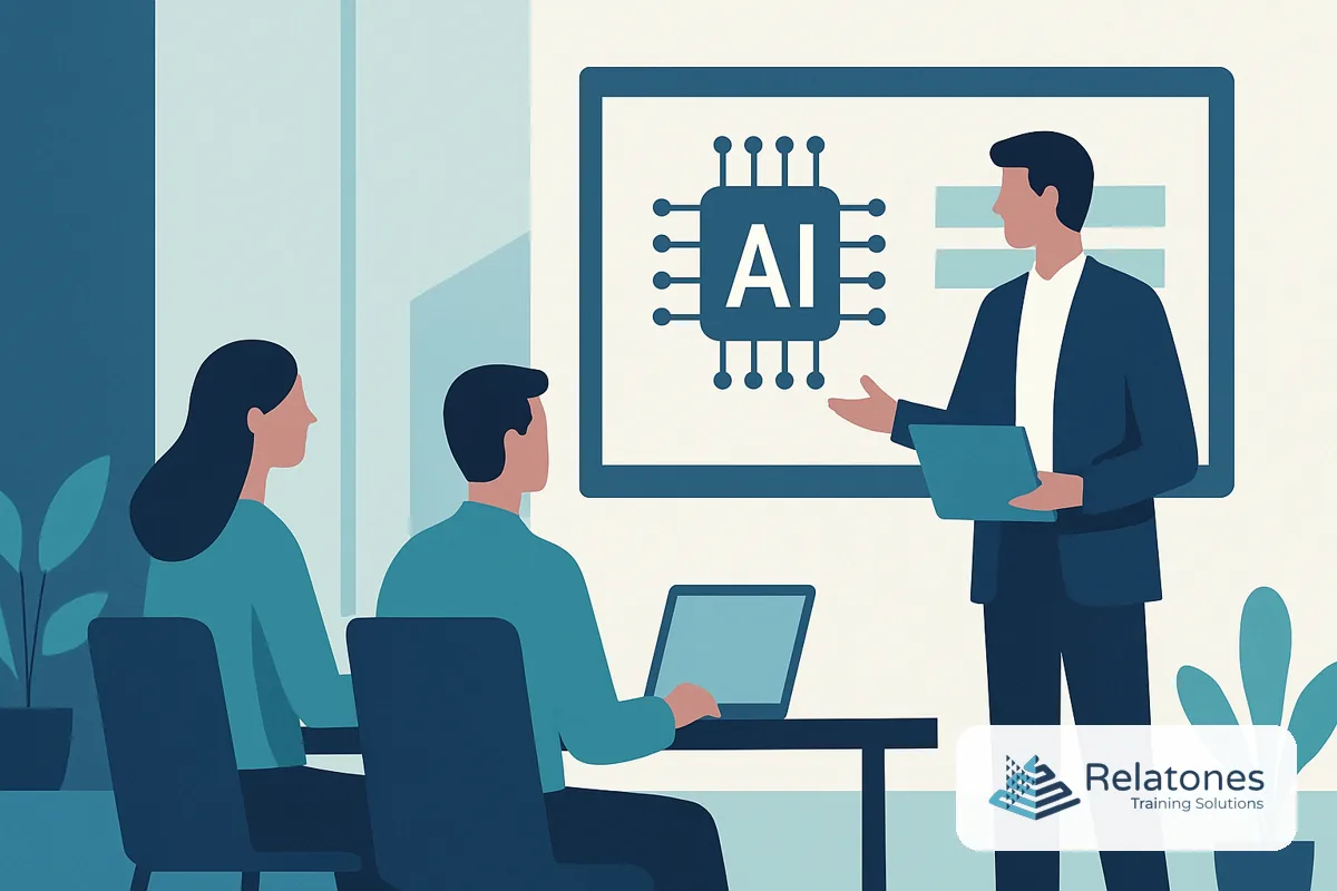 A small group of California employees working through a hands-on AI training workshop at a conference table