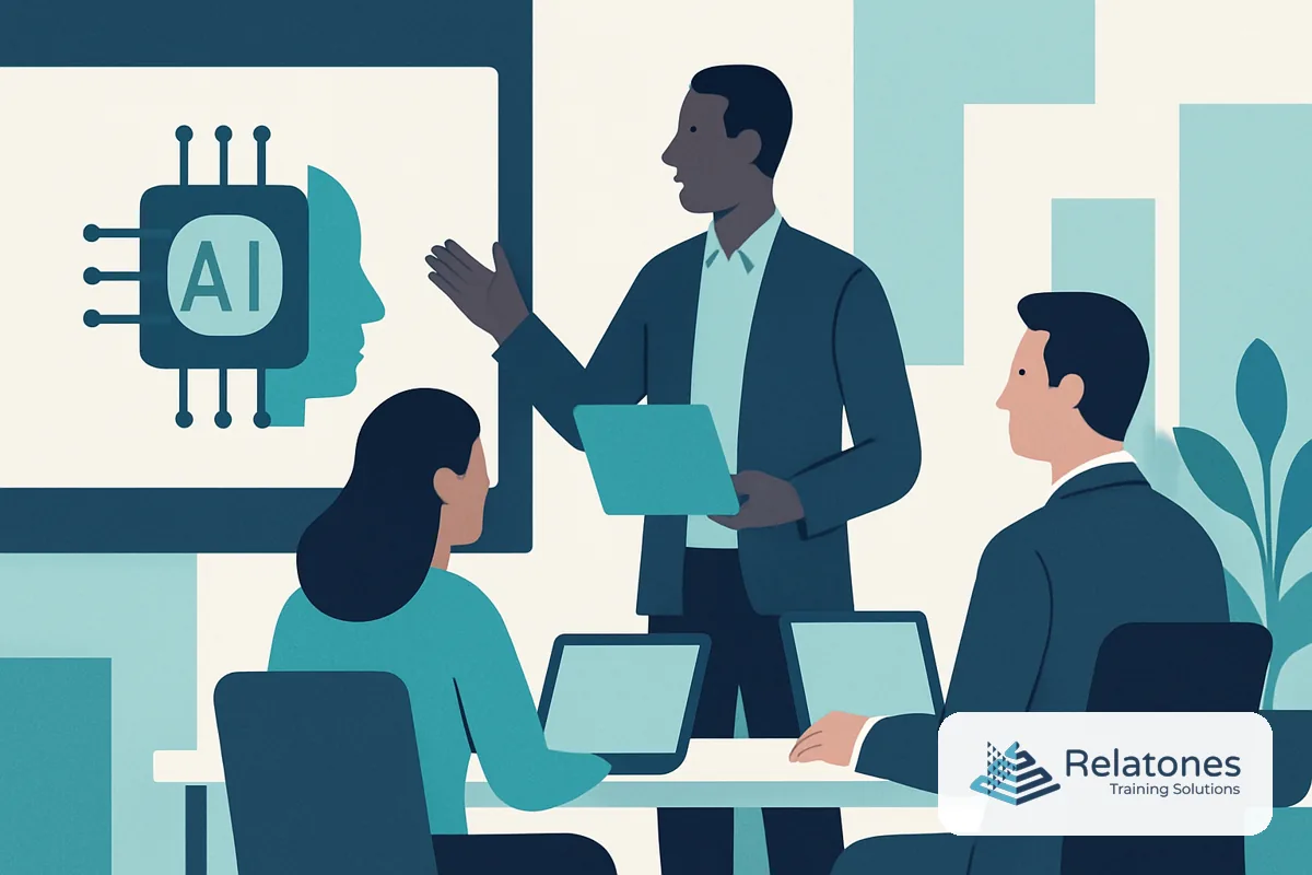 Finance team working together at a table with AI-powered dashboards on screens