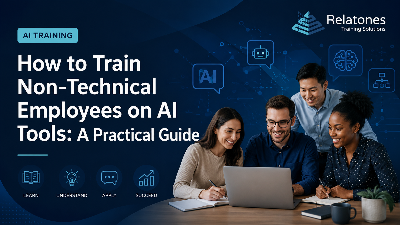 Non-technical employees learning AI tools in a workplace training session