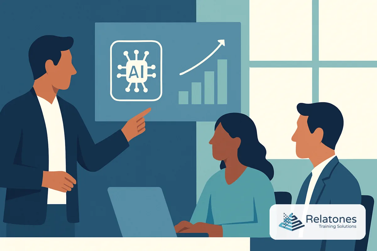 A manager reviews a dashboard showing time savings and productivity gains from an AI training program at a US small business