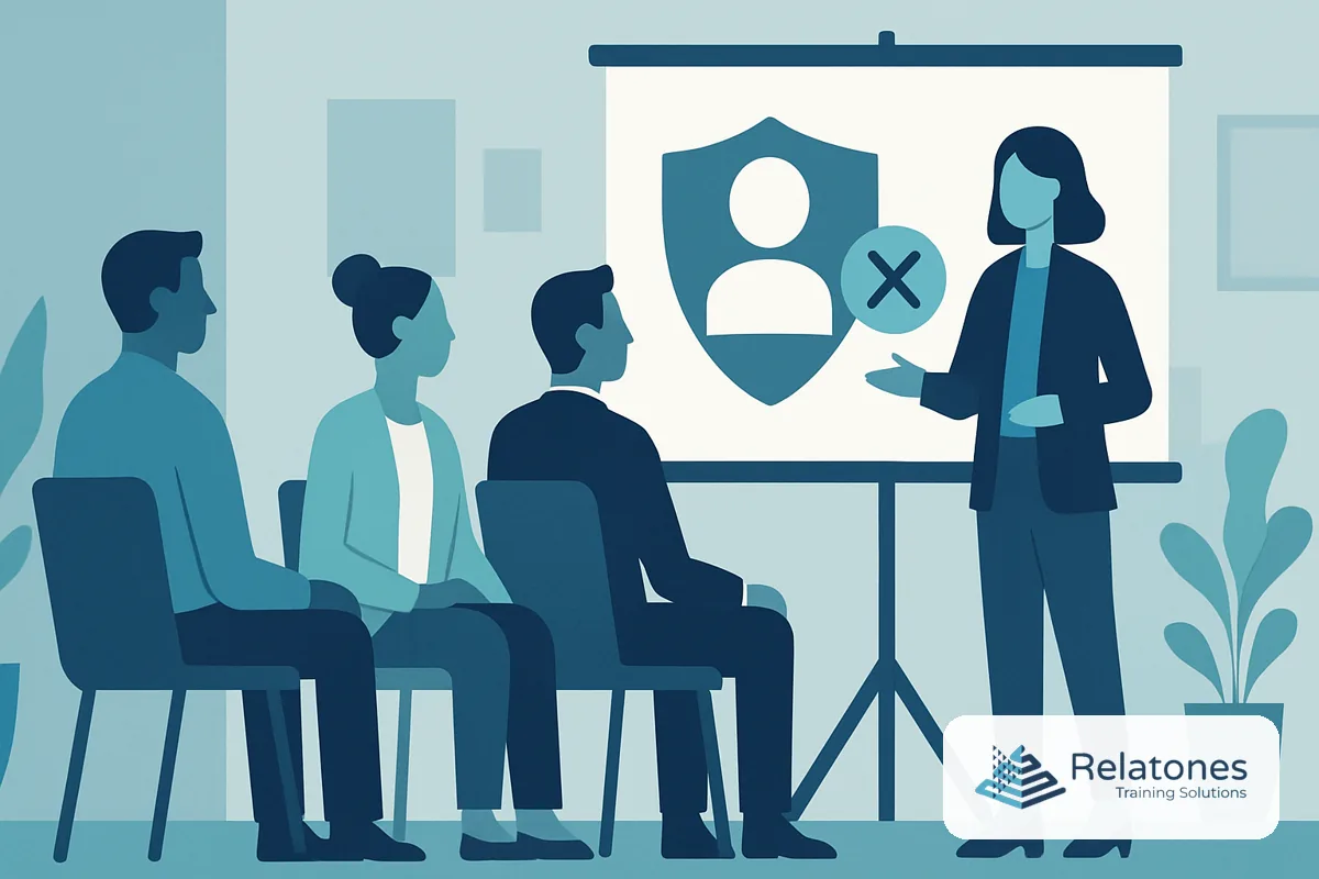 A diverse group of employees participating in an anti-harassment training session in a modern US workplace