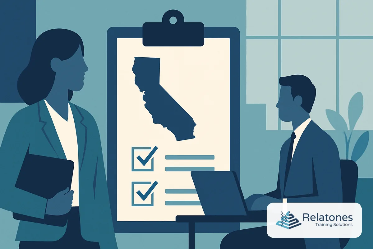 HR manager reviewing California harassment training compliance checklist with employees in a modern office
