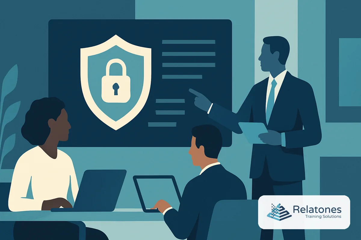 Financial services employees reviewing cybersecurity training on laptops in a modern office