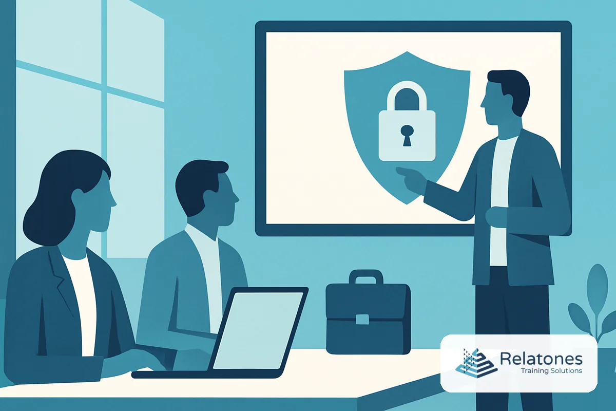 Small business employees completing cybersecurity awareness training on laptops in a modern office