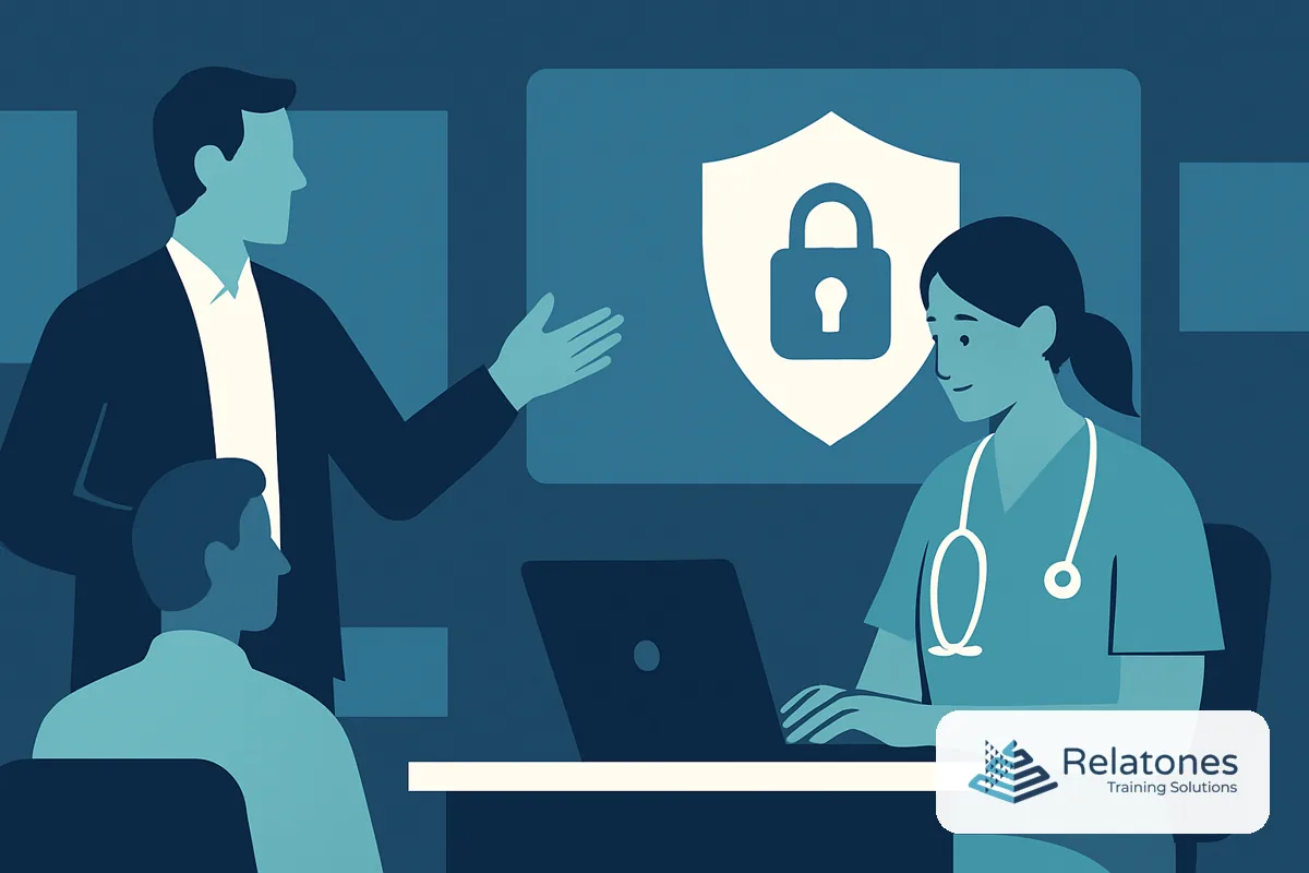 Healthcare worker at a desktop reviewing a phishing simulation alert on screen