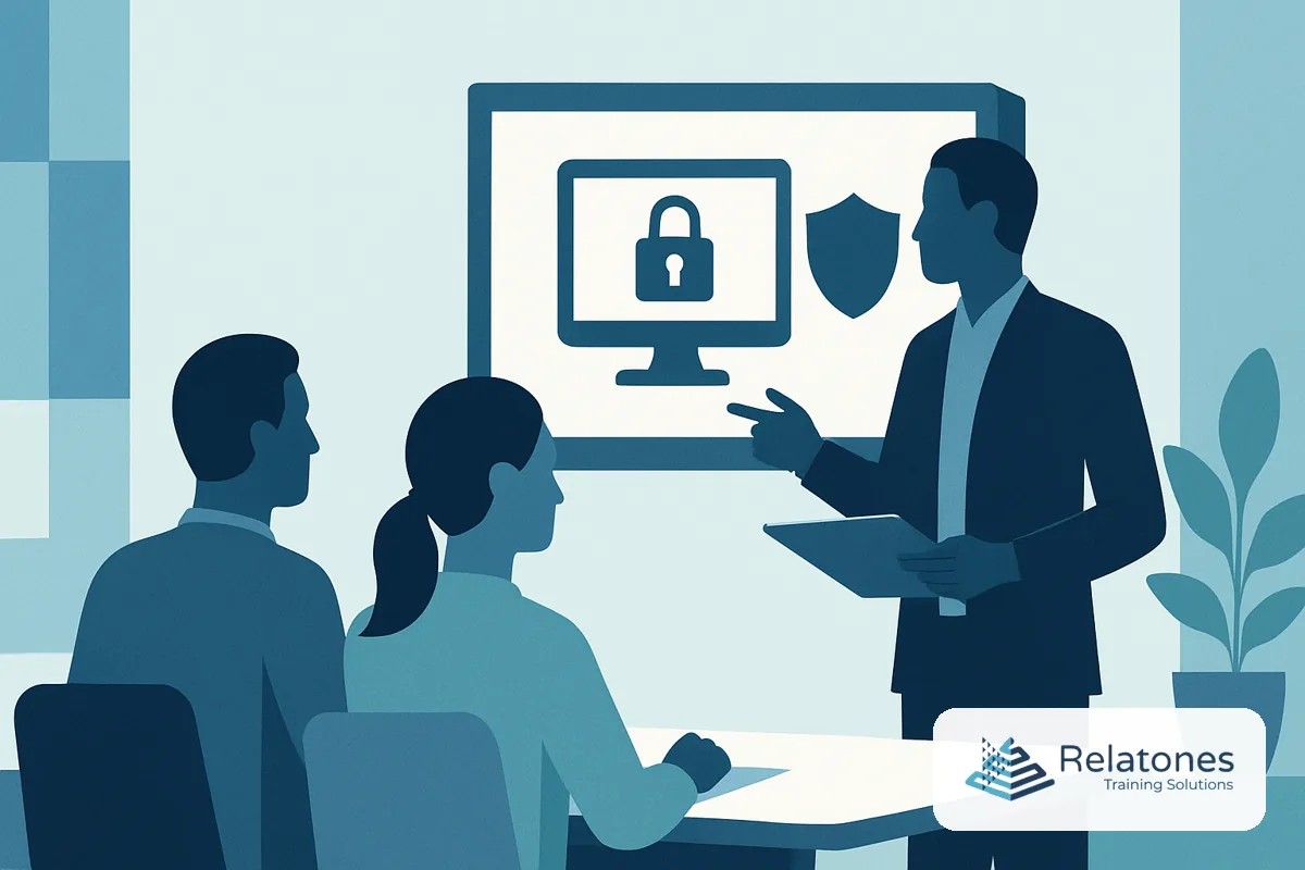 Employees in a training session learning data breach prevention practices on laptops in a modern US office