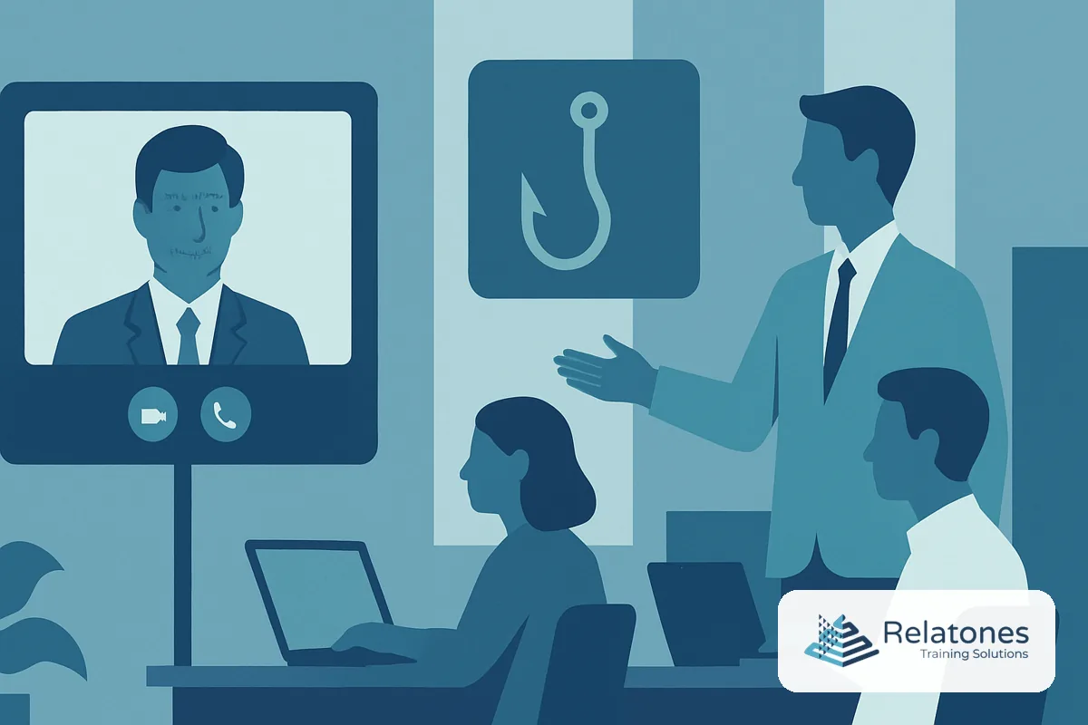 Employee on a video call reviewing a suspicious executive request on screen
