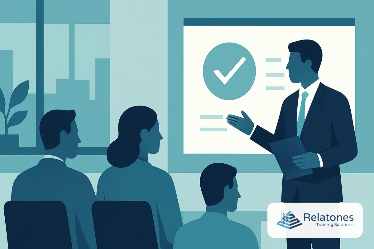Corporate employees reviewing FCPA compliance training materials at a conference table