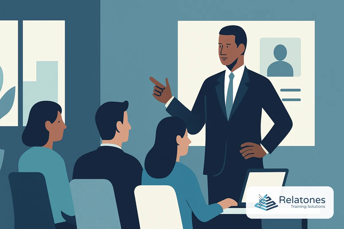 A newly promoted manager leading a small team meeting in a modern US office