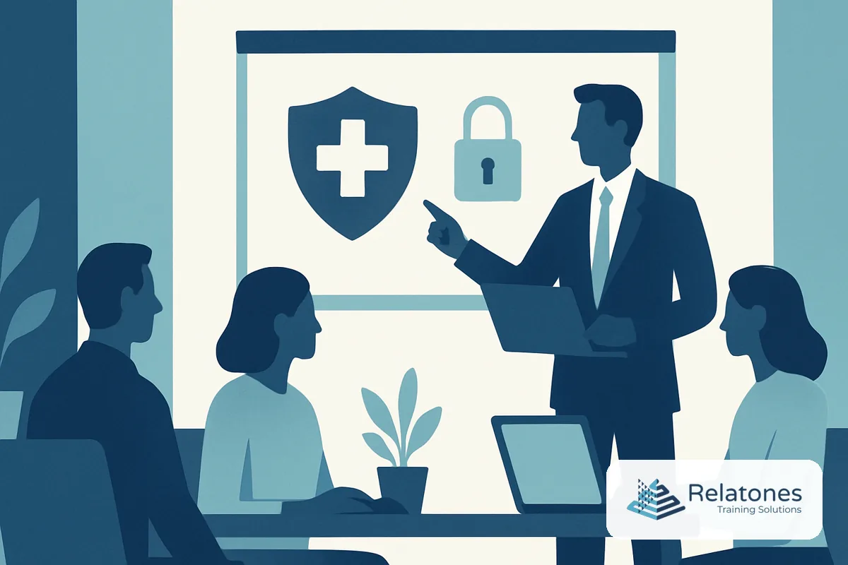 Healthcare staff member completing HIPAA cybersecurity training on a laptop in a clinical setting