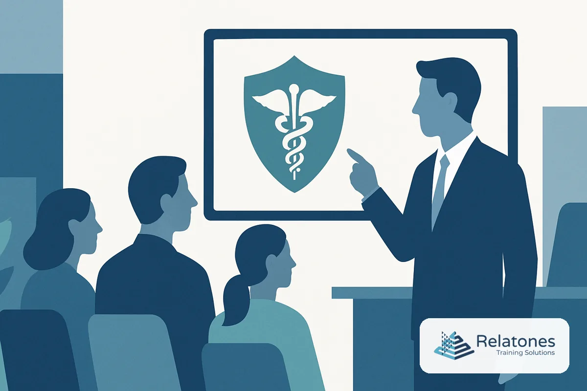 Healthcare employees in a training session reviewing HIPAA compliance materials on a laptop