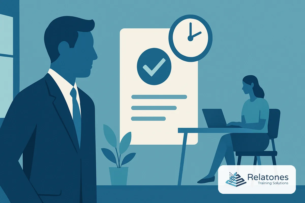 HR manager reviewing a compliance training schedule on a laptop in a modern office