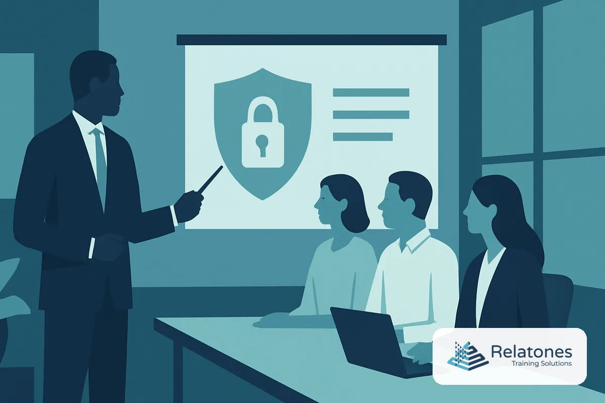 A small business team completing cybersecurity awareness training on laptops in a modern office setting