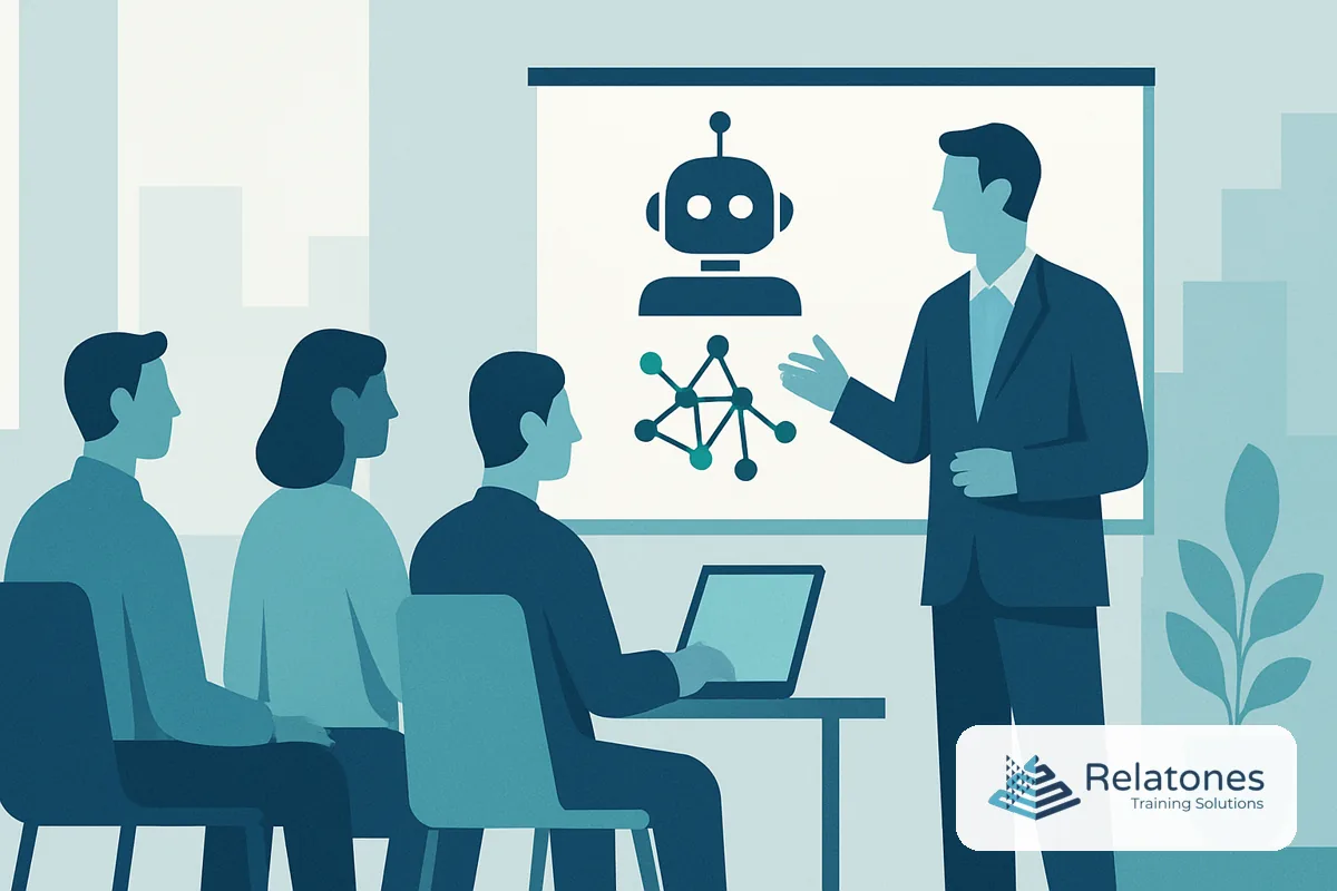 Employees gathered around a table during an in-person AI training workshop, working on laptops with a facilitator nearby