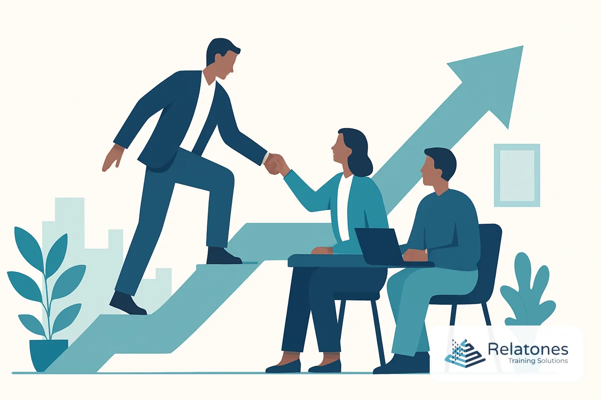 Small business owner coaching a frontline manager in a modern office setting