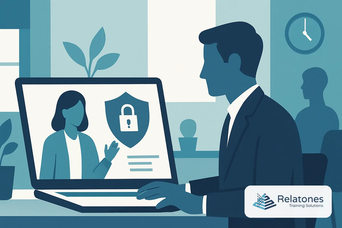 Distributed US team members completing online cybersecurity training on laptops in different locations