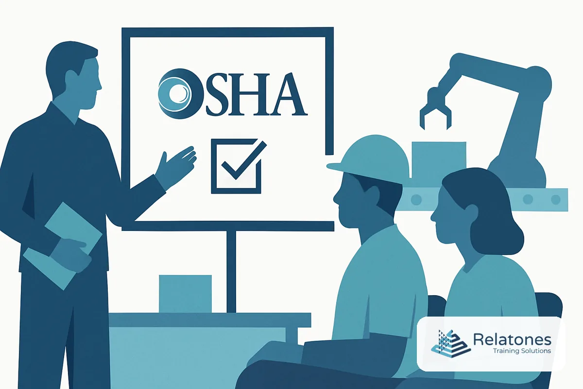 Manufacturing floor workers reviewing safety training materials near heavy equipment