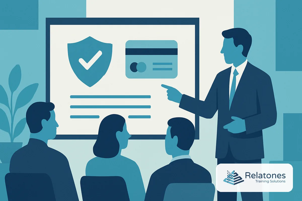 Finance team members reviewing PCI DSS compliance training materials at a conference table