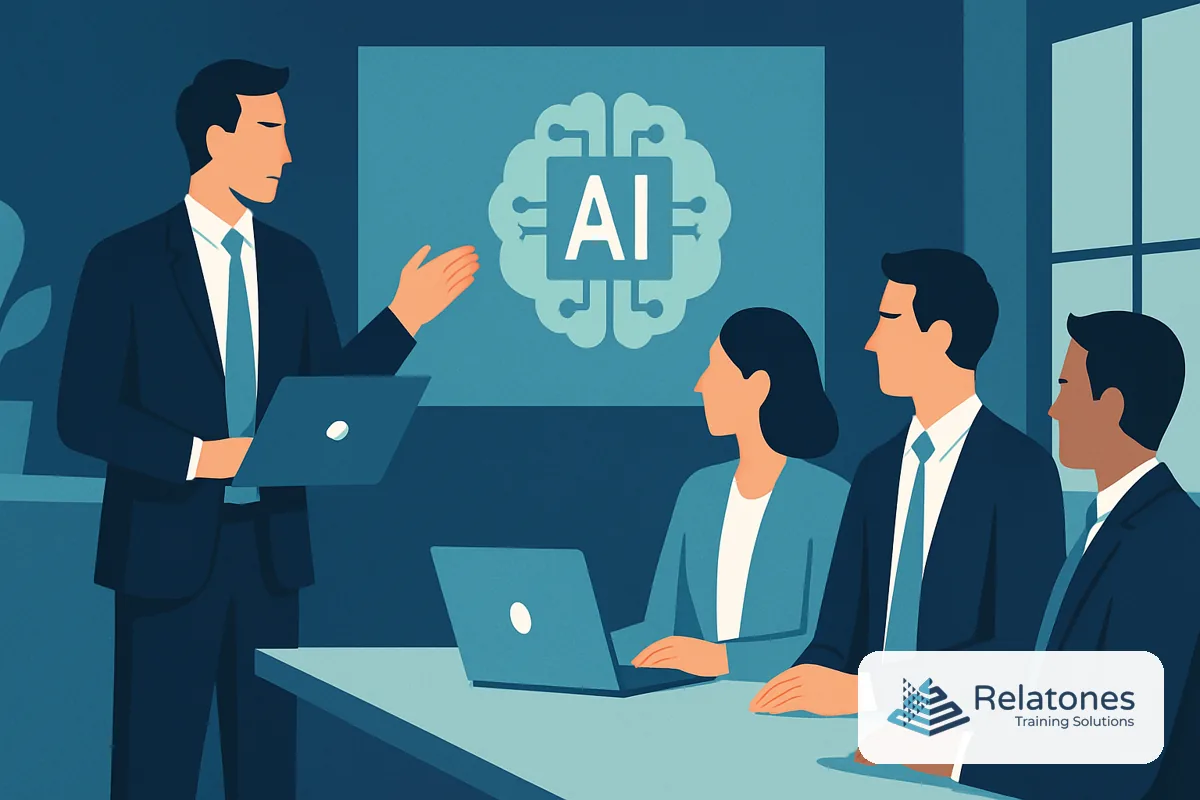 A business team reviewing AI prompt outputs on a laptop during a training session