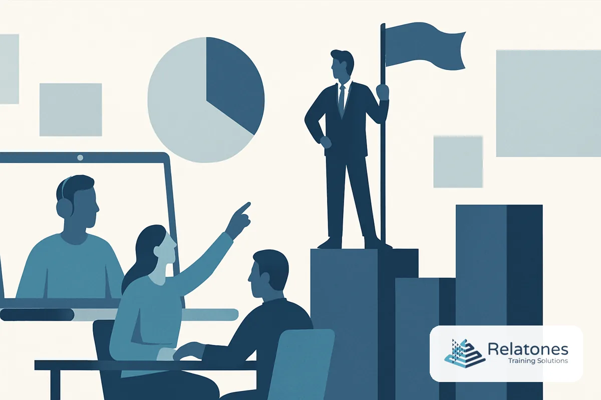 A manager leading a video call with a distributed remote team across multiple screens