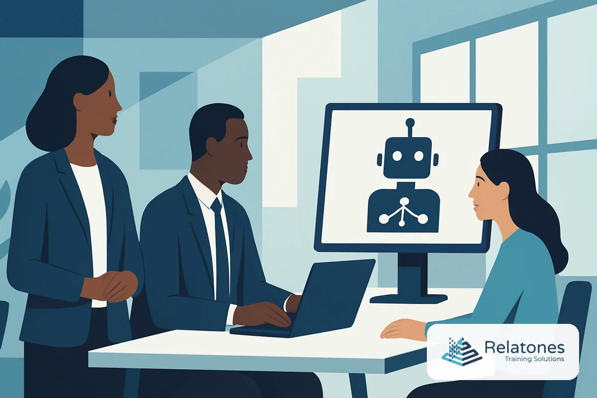 A diverse group of employees in a workplace training session learning responsible AI use on laptops and tablets