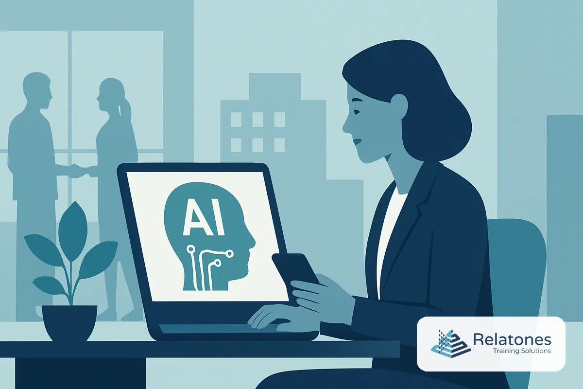 Employee completing self-paced AI training on a laptop at their desk