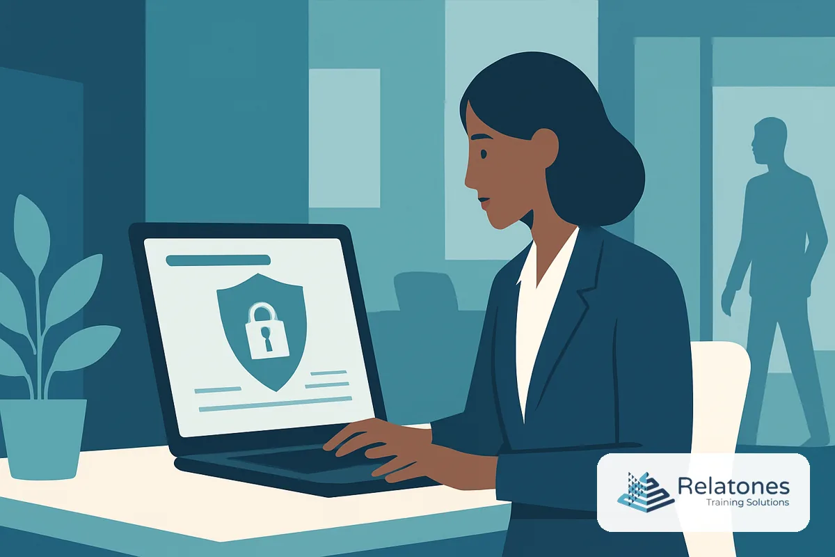 Employee completing self-paced cybersecurity training on a laptop at their desk