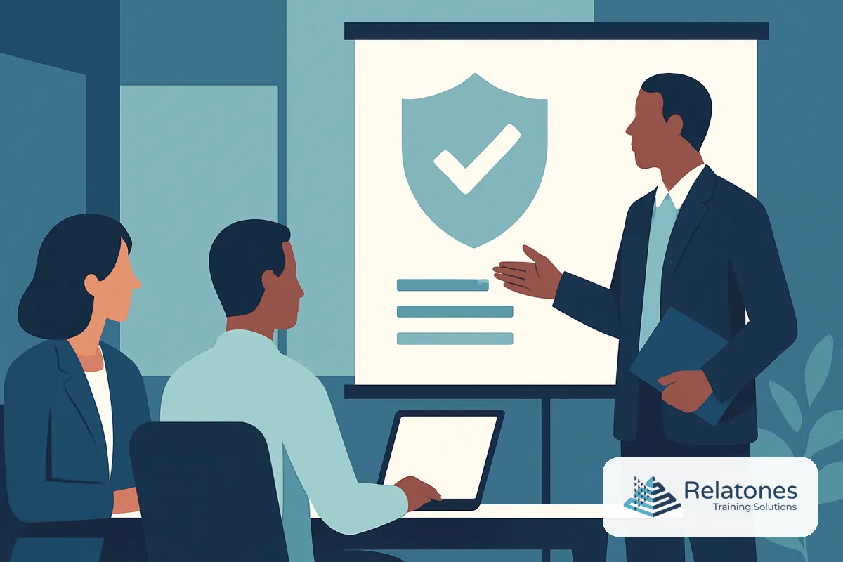 A team of technology employees participating in a SOC 2 security awareness training session in a modern US office
