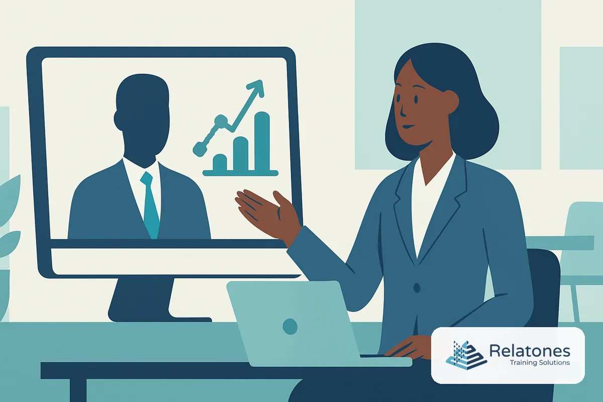 Manager participating in a live virtual leadership development session on a laptop