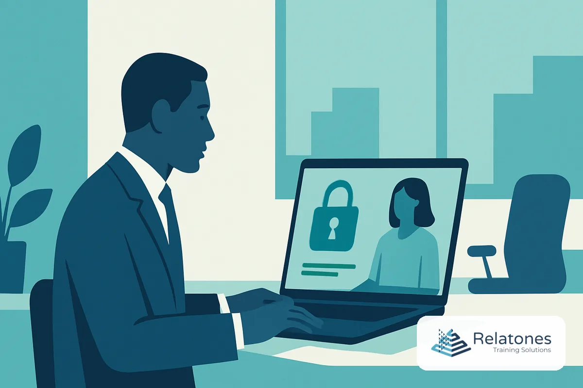 Employee completing virtual cybersecurity awareness training on a laptop at a desk