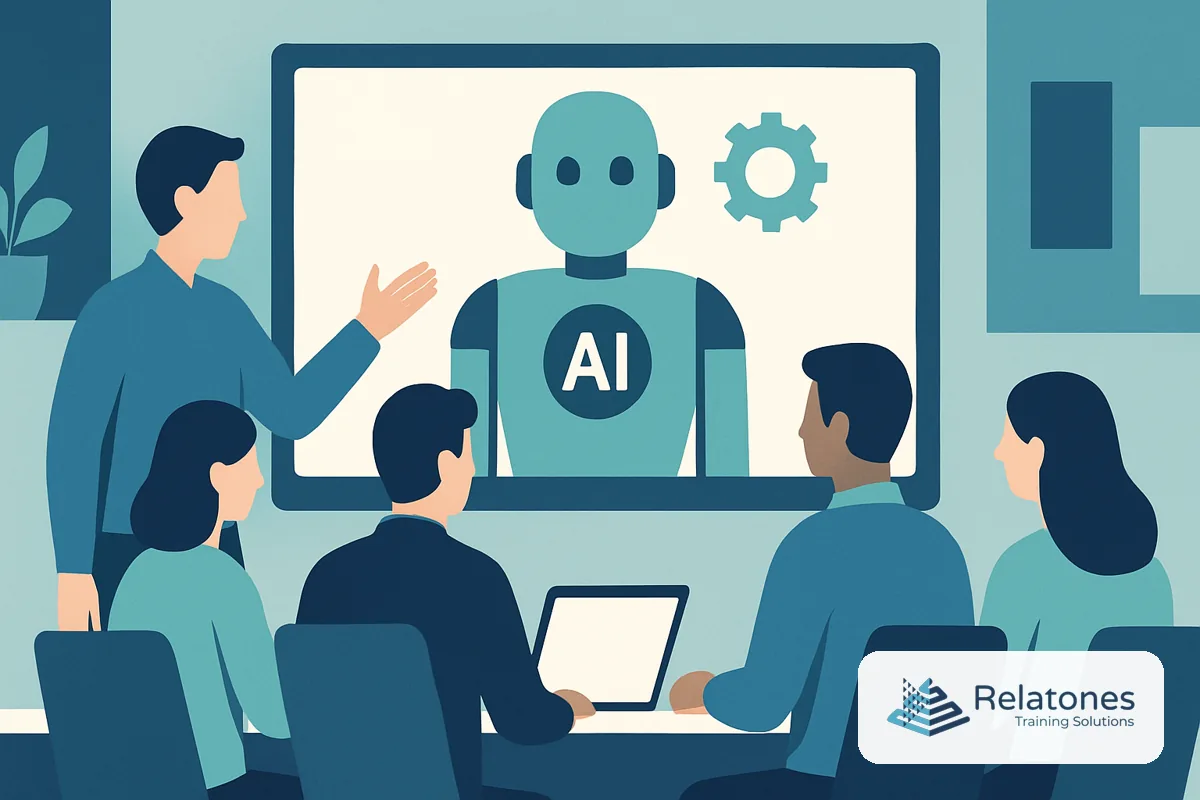 A small business team participating in a virtual AI training session on laptops in a modern office setting