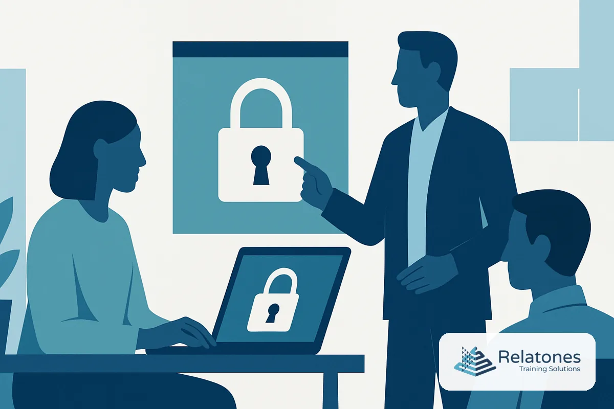 HR professional reviewing an employee cybersecurity training dashboard on a laptop