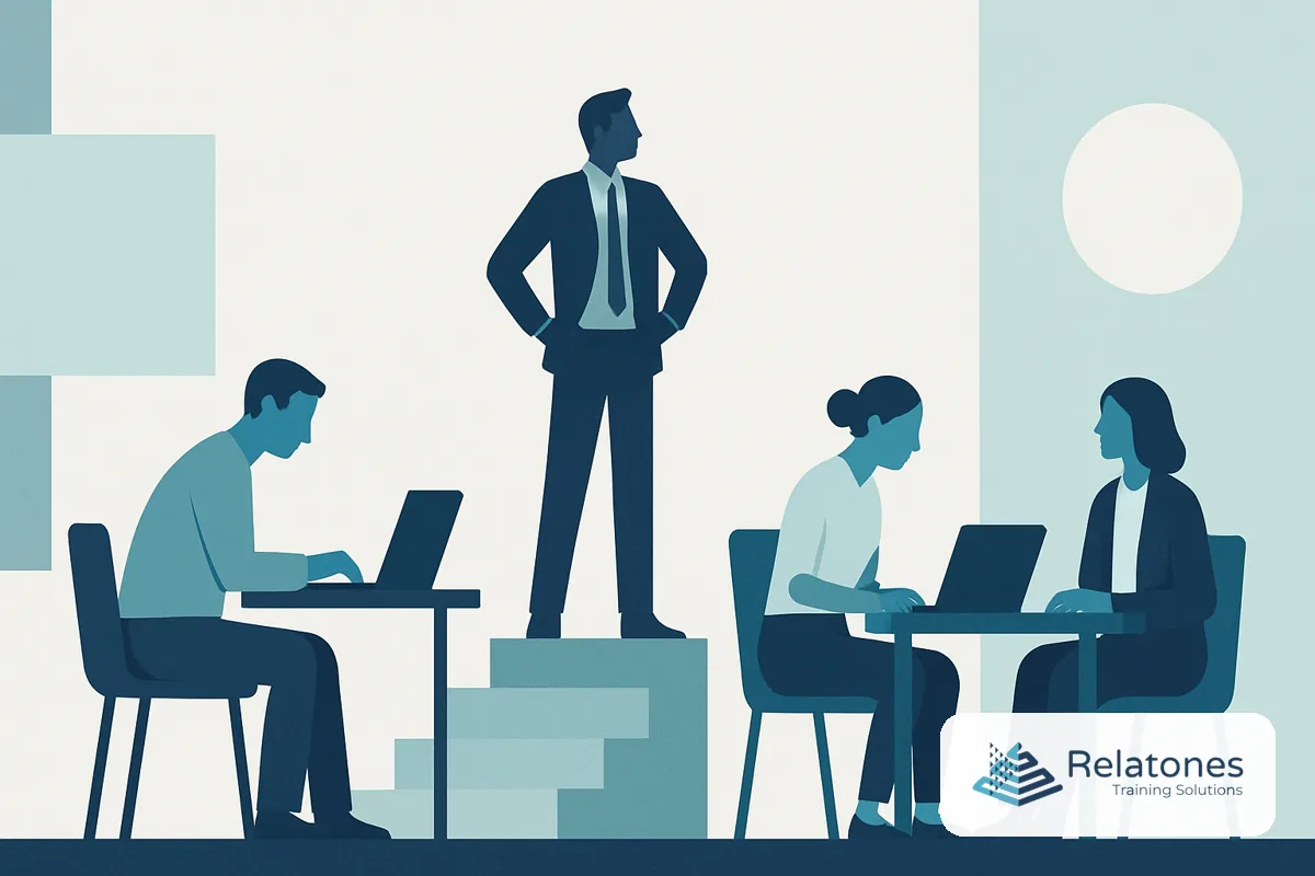 A manager sitting alone at a laptop completing an online leadership module while their team works in the background, illustrating the isolation of self-paced training