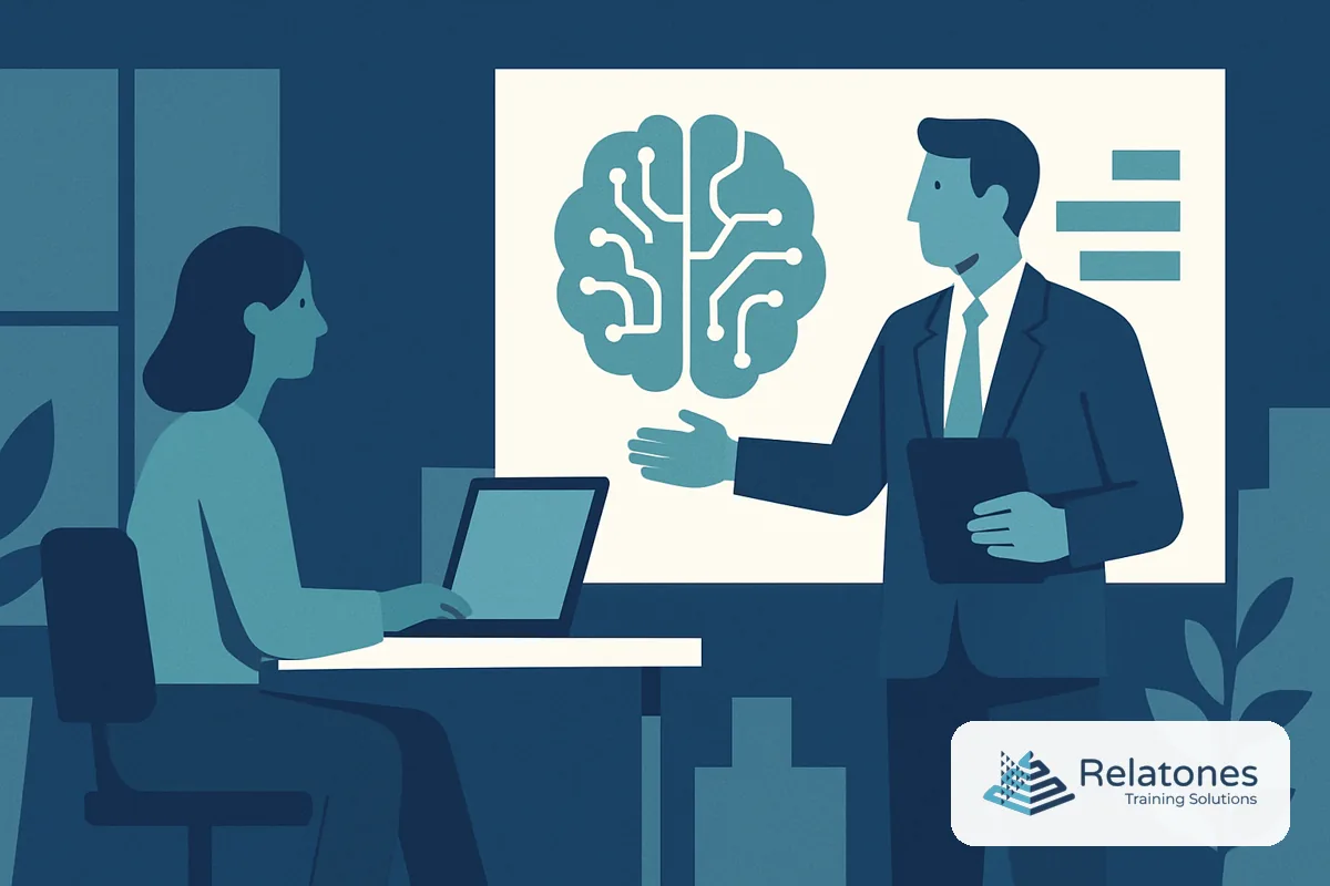 A small business team gathered around a laptop, learning how to use AI tools in their daily workflows