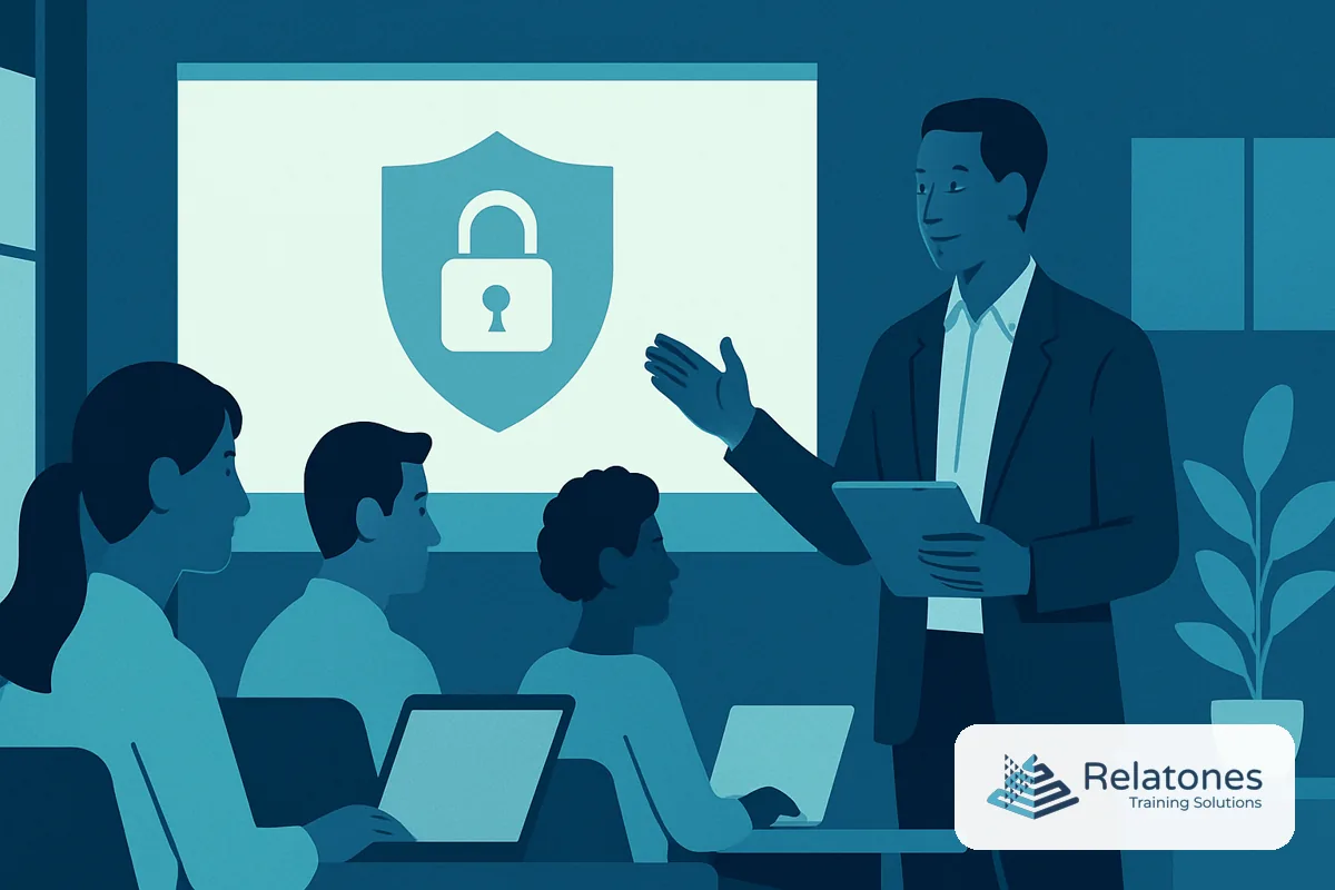 Non-technical employees reviewing zero trust security training on laptops in a modern office setting